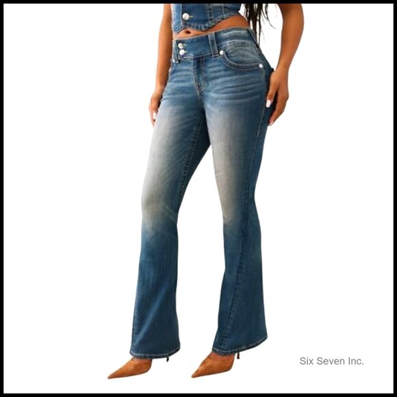 Vintage Flare Jeans with Flap Pockets and Iconic Stitching Y2K Retro Chic - Picture 3 of 6